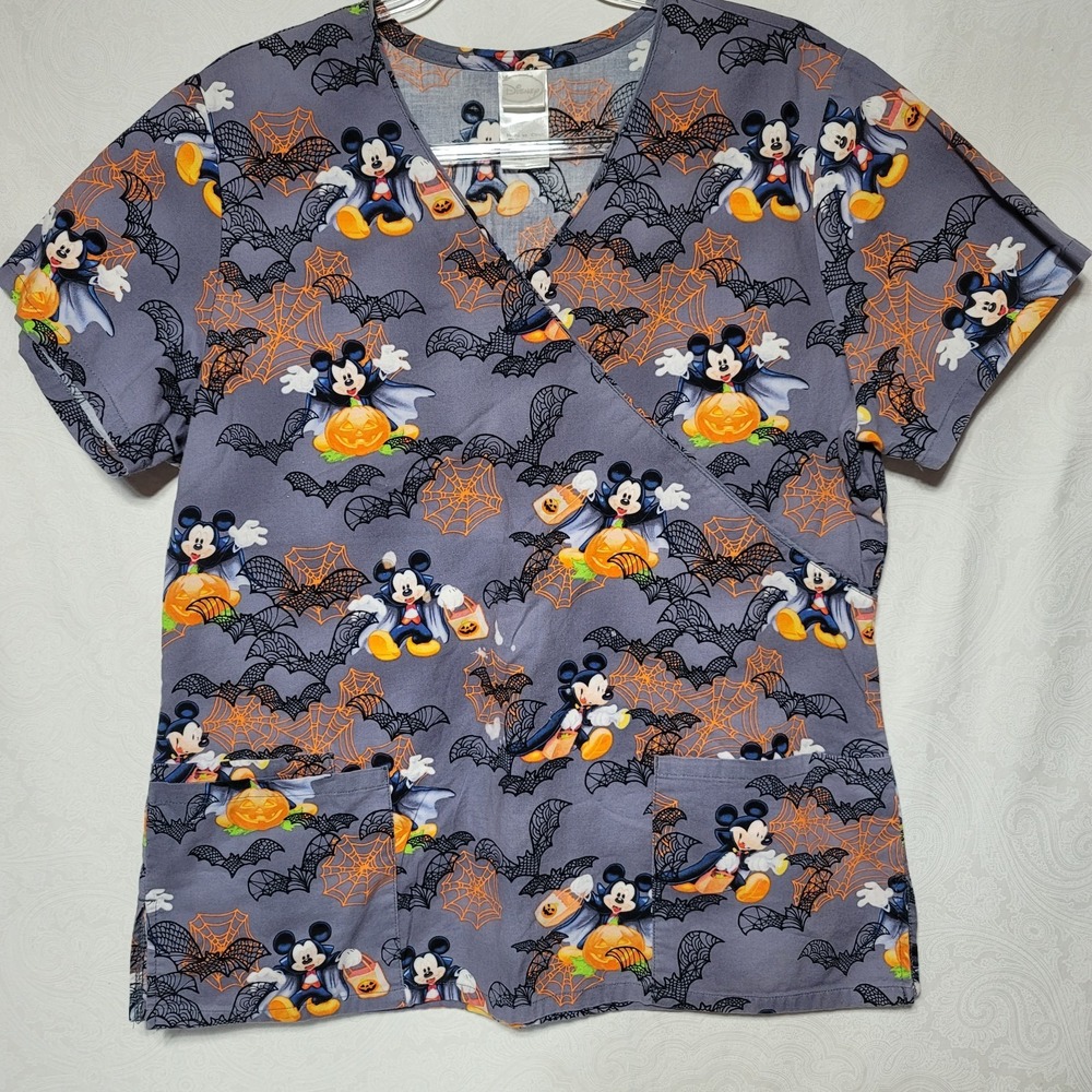 Disney Scrub Top Mickey Mouse Halloween Print Scubs Dracula Spooky Sz M Nurse